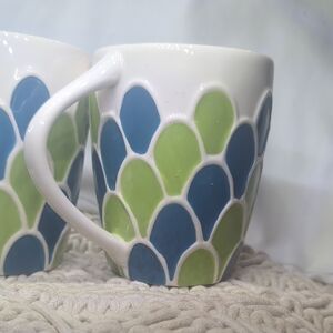 Starbucks 2009 Green And Blue Embossed Mermaid Scale Coffee Mugs Set Of 2